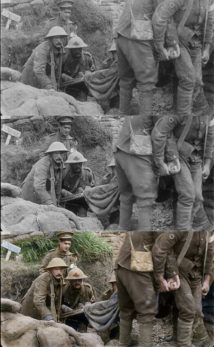 The progression from the original to the final colorized image in a moment from Peter Jackson’s acclaimed WWI documentary “They Shall Not Grow Old,” a Warner Bros. Pictures release. (Courtesy of Warner Bros. Pictures. © 2018 Imperial War Museum. Used with permission.)