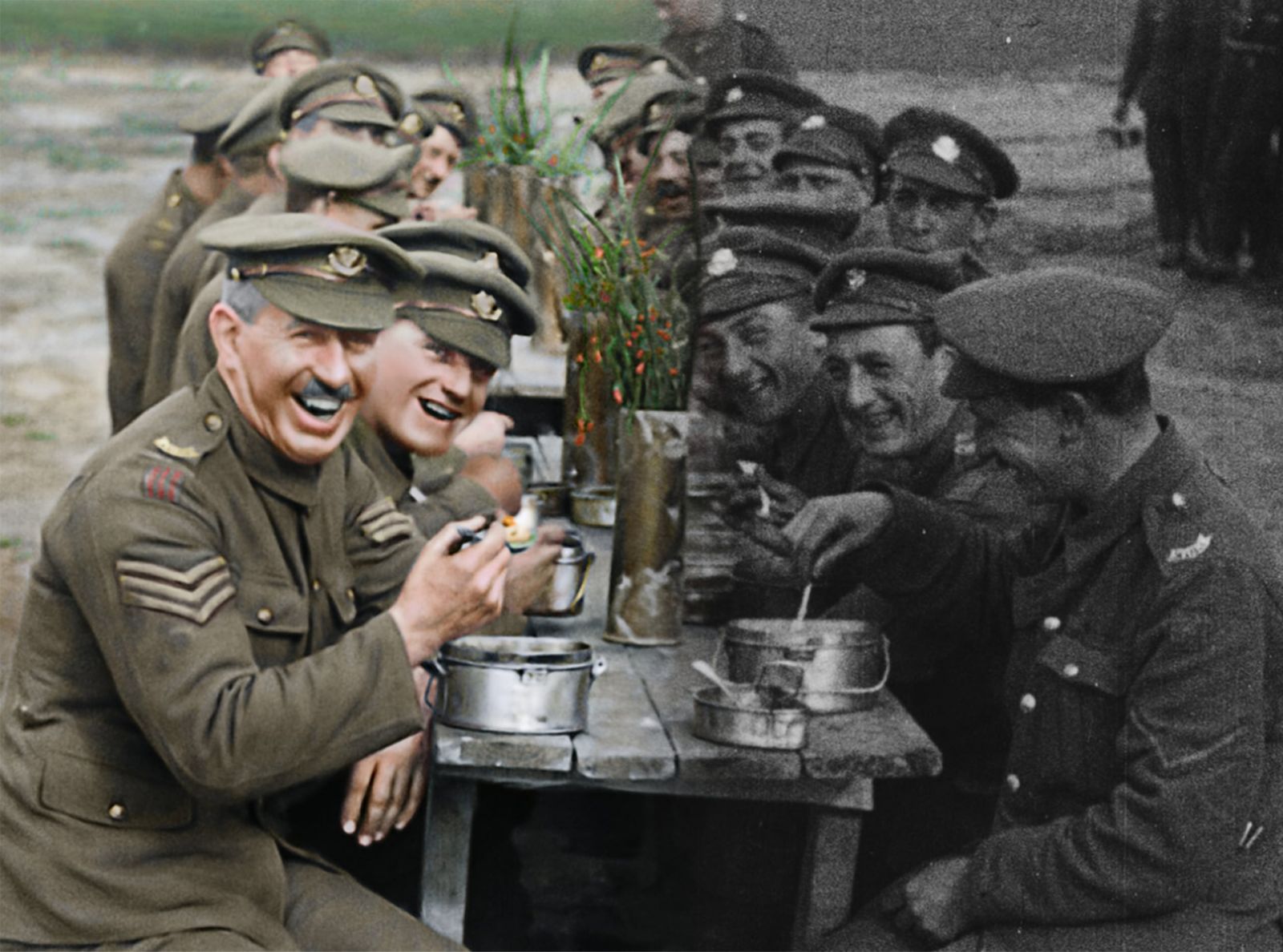 A before and after image showing the original film on the right and the restored and colorized image on the left in a moment from Peter Jackson’s acclaimed WWI documentary “They Shall Not Grow Old,” a Warner Bros. Pictures release. (Courtesy of Warner Bros. Pictures. © 2018 Imperial War Museum. Used with permission.)